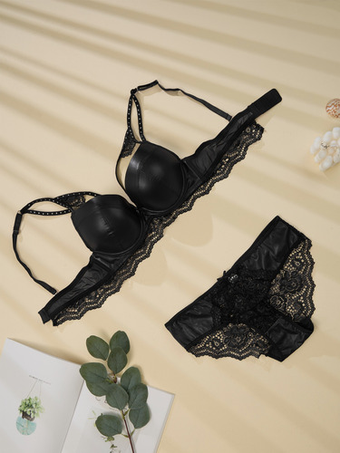 Sexy Cordinado Copa B Pushup Mujer Vinipiel Encaje Varilla Negro Vinipiel/encaje 32b