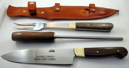 Set  Parrillero Artesanal Cuchillo Tenedor Y Chaira 27 Cm