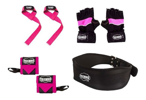 Kit 4 Gym Mujer: Cinturón + Cintas + Guantes + Muñequeras 