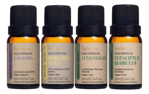 Kit 4 Óleo Essencial Lavanda Bergamota Lemongrass Eucalipto