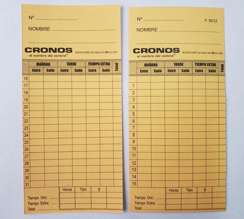 Imagen 2 de 6 de Tarjetas Cronos Cartulina Fichar Reloj Control Horario