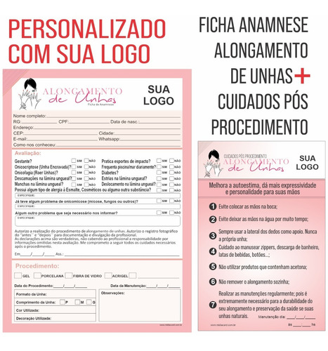 Imagem 1 de 5 de Ficha Anamnese Alongamento De Unhas+cuidados 100fls C/ Logo