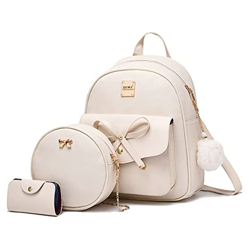 Mochila 25cm + Cartera Redonda + Monedero Set Cuero Beige