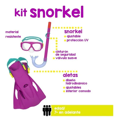 Juego De Snorkel Buceo Infantil 7 Años Gafas Tubo Y Aletas Color Morado