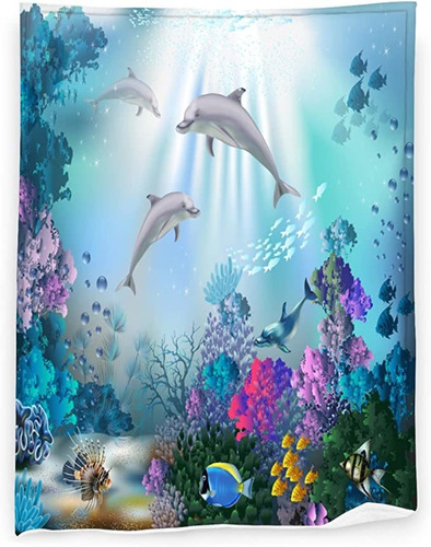Manta De Franela Reversible Con Delfines De Animales Oceán.