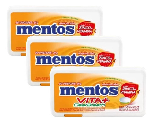 3 Pastilha Mentos Clear Breath Zero Açucar Orangemint 21g