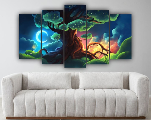 Set De 5 Cuadros Decorativo Canvas Paisaje Arbol Luna 127