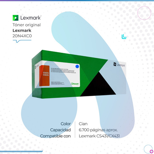 Toner Lexmark 20n4xc0 Cyan 6700 Pag Cs Cx 431 R6,7k