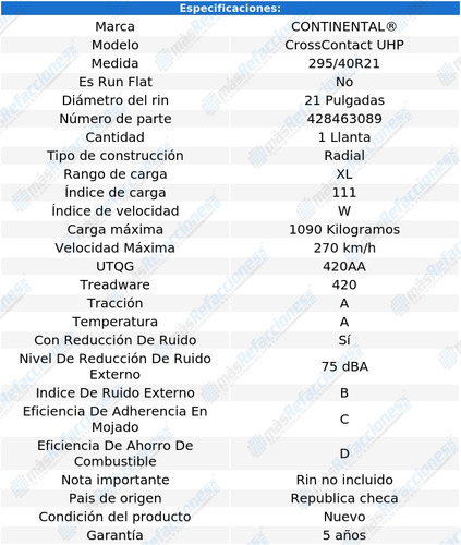 Llanta 295/40r21 111w Continental Conticrosscontact Uhp S/r