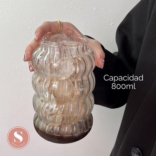 Set 2 Vasos Alto Diseño Ondas Bebida Vidrio 800 Ml Bombilla