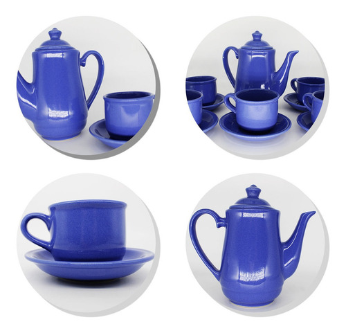 Imagem 6 de 7 de Jogo De Cha Em Ceramica Azul Cafe 12pçs Com Bule Pires