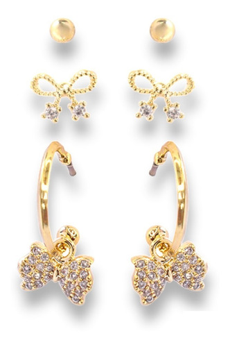 Aretes De Oro Para Niña Bañado 18k Zirconias 6 U Lazos