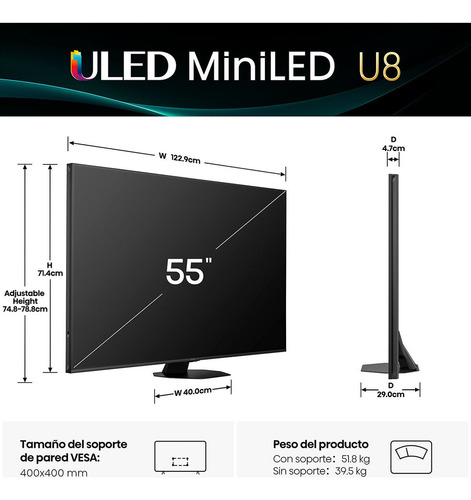 Pantalla 55 Google Tv, Hisense, 55u8qg, Smart Tv Mini Led