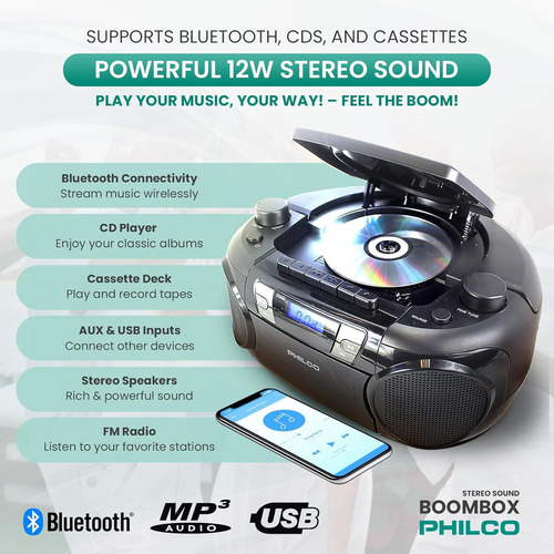 Reproductor De Cd Philco, Con Bluetooth, Cassette, Usb, R...