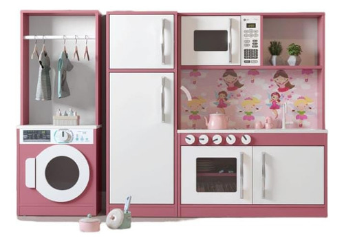 Kit Cozinha Infantil Rosa Completa Com Geladeira Lavanderia 