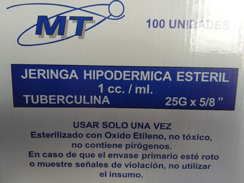 Jeringa Tuberculina 1 Cc 25 G X 5/8  Mt X 100 Unidades