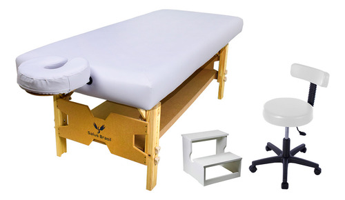 Kit Maca Spa Fixa Com Altura Regulável Escada 2 degraus Mocho Slim Estetica Massagem Cor Branco