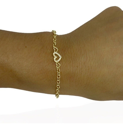 Pulseira Portuguesa Ouro 18k 750 Pingentes Corações