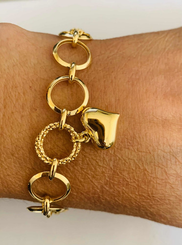 Pulseira Feminina Elos Redondo Com Coração Ouro 18k 750 19.5 Cm