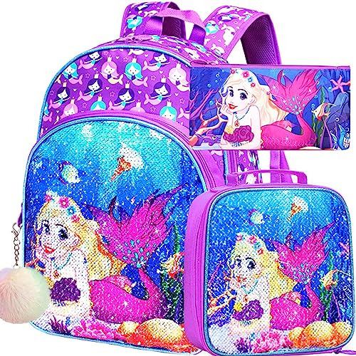 Klfvb 3pcs Mermaid Backpack For Girls, 16  Sequin 25nt2