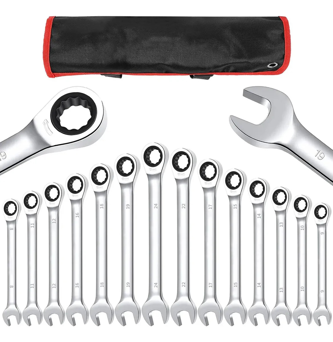 Jogo De Chave Combinado Esquadro E De Catraca C/bolsa Tecido Conjunto De 14 Peças De 8-24 Mm