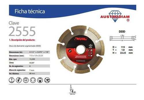 Disco Diamante Segmentado 4-1/2 X 7/8 Austromex Aus-2555