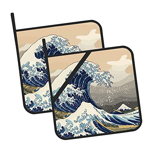 The Great Wave Japonés Pot Holders Set De 2 Cocina Resistent