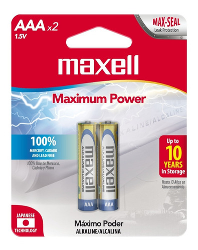 Pilas Baterías Alcalina Aaa 1.5v Lr03 Maxell 1 Pack 2 Piezas