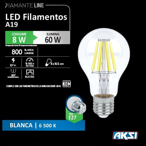 Imagen 2 de 2 de Foco Led Filamentos A19 8w Luz Blanca Base E27 800 Lumens