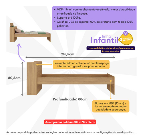 Cama de Solteiro com Colchão Incluso e Baú Embutido Multimóveis MP4232 Rustic