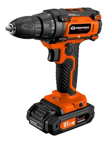 Imagen 6 de 9 de Taladro percutor atornillador inalámbrico de 10mm Daewoo DACD1800V 18V + accesorio con maletín de transporte 220V