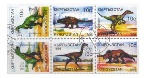 S1391 Quirguistão 1998 Bloco Sextilha Se-tenant Dinossauros