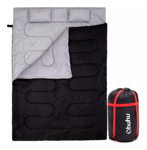 Ohuhu Doble Sleeping Bag Con 2 Almohadas Y Bolsa Campamento Color Negro Ubicación de la cremallera Derecho