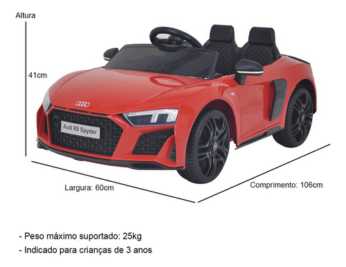 Imagem 2 de 4 de Mini Carro Infantil Elétrico Audi R8 Licenciado Vermelho