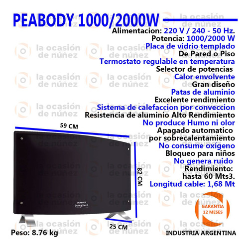 Imagen 2 de 6 de Calefactor Electrico Peabody Vitroconvector Mecanico 2000w