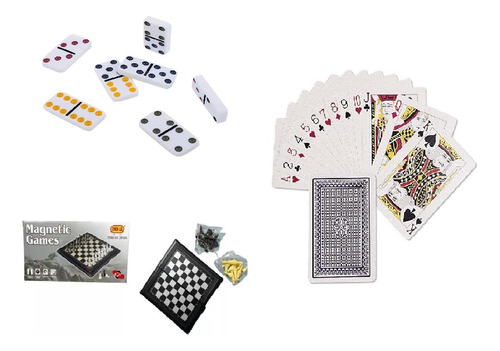 Juegos De Mesa Pack X3 Domino + Ajedrez Magnético + Poker 