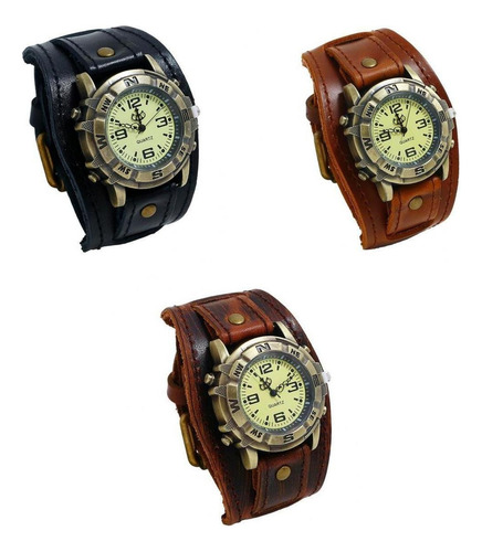 3x Reloj De Pulsera Reloj Masculino Correa Cuero Vintage