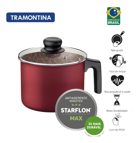Fervedor Tramontina Paris Em Alumínio Com Revestimento Interno E Externo Em Antiaderente Starflon Max Vermelho Com Tampa De Vidro 14 Cm 1,9 L