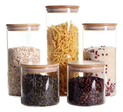 Juego De 5 Recipientes De Cocina Apilables Con Tapa De Bambú