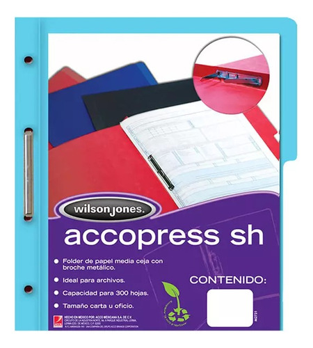 Folder Con Broche Accopress Sh Carta Azul Claro Paq C/10pzs Color Celeste