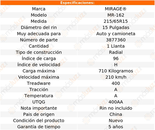 1 Llanta Mr-162 Mirage Medida 215/65r15 96h