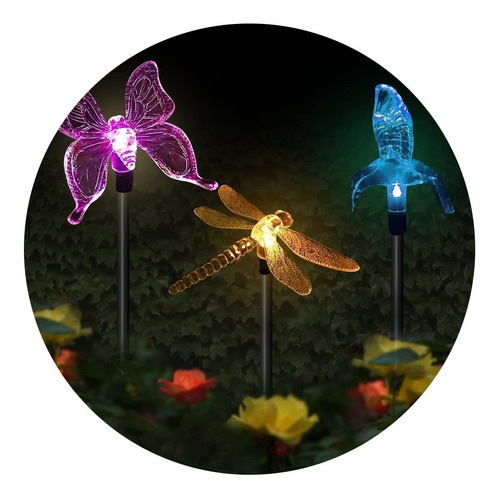 3 Estacas Solares Led Mariposa Colibrí Libélula Decoración