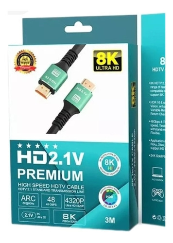 Cable Hdmi 8k @60hz 4k @120hz 48gbps V2.1 Punta Oro 3 Mtrs