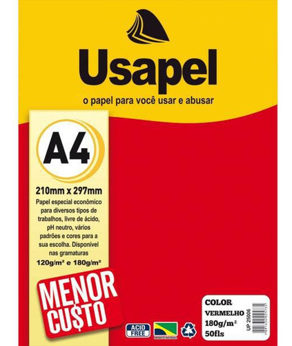 Papel Color A4 180g Vermelho 50 Folhas Usapel