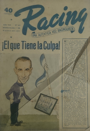 Revista Racing 401 Guillermo Stabile,benicio Acosta Año 1951