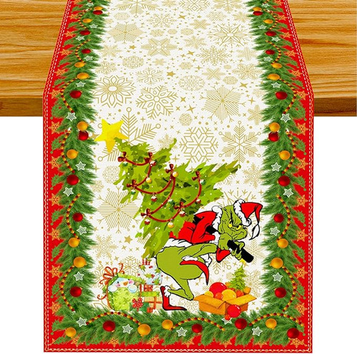 Camino Navidad Verde Lino Mantel Feliz Grinchmas Navidad Inv