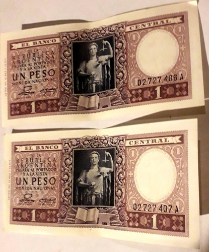 Lote 2 Billetes Un Peso Moneda Nacional Serie A Correlativos