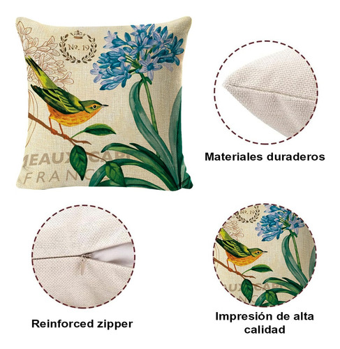 Fundas Cojines Almohada Decorativos Lino Algodón 4pcs 45cm Aves