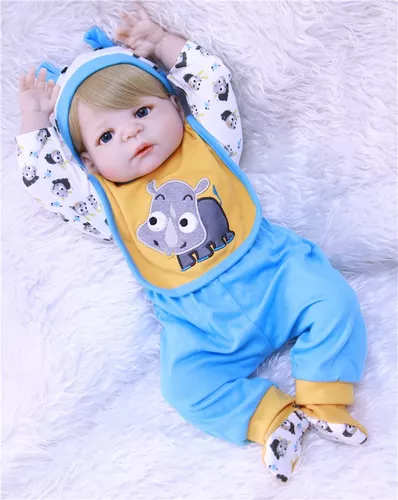 boneca bebe reborn menino corpo de silicone roupa azul com babador