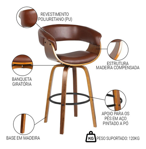 Banqueta Giratória Alta C/encosto Base Madeira Ravi Sint Mrm Cor Marrom